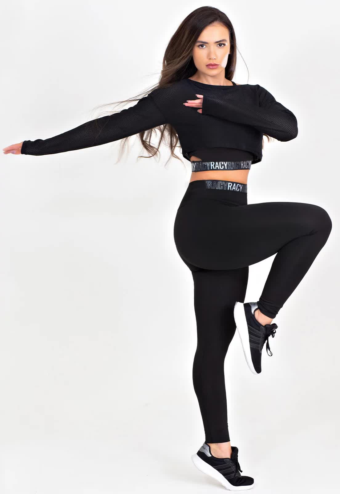 Conjunto Fitness 3 Peças: Calça Legging + Top + Cropped de Telinha