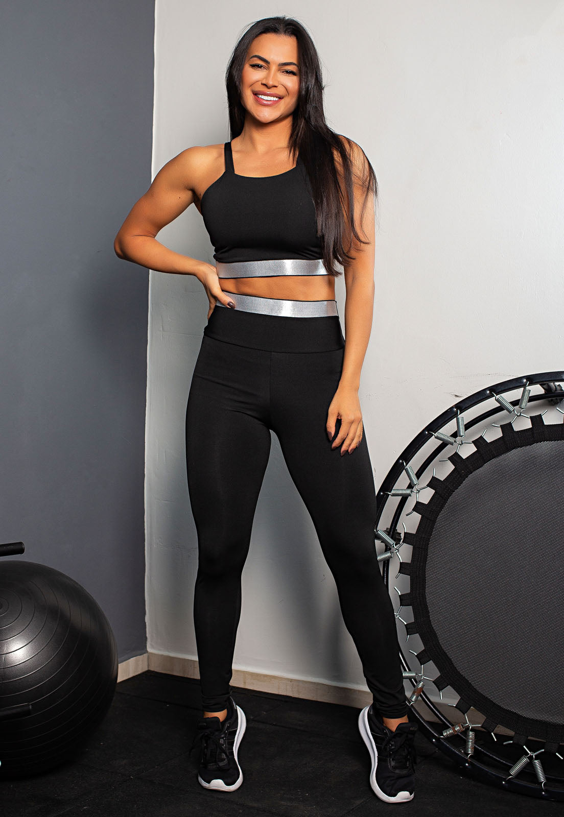 Conjunto Fitness: Calça Legging Cintura Alta + Cropped Alcinha Com Elásticos