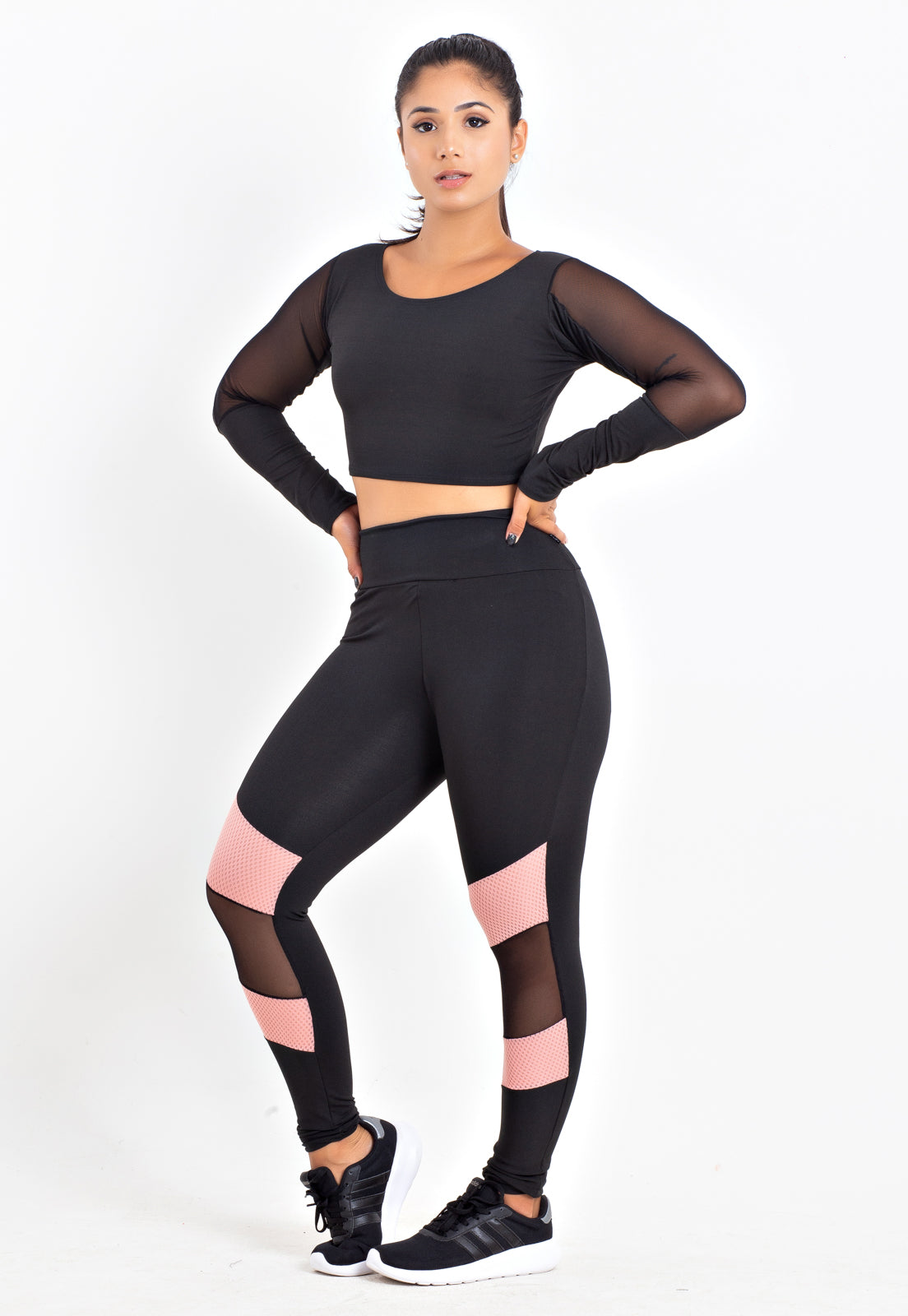 Conjunto Fitness: Cropped Manga Longa + Calça Legging Com Detalhe