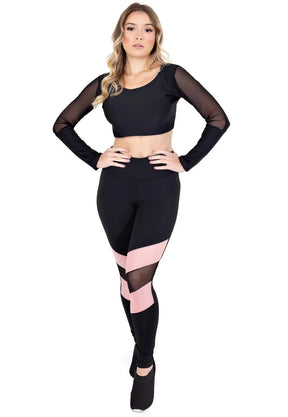 Conjunto Fitness: Cropped Manga Longa + Calça Legging Com Detalhe