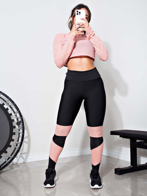 Conjunto Fitness: Cropped Em Tela + Calça Legging Com Detalhe