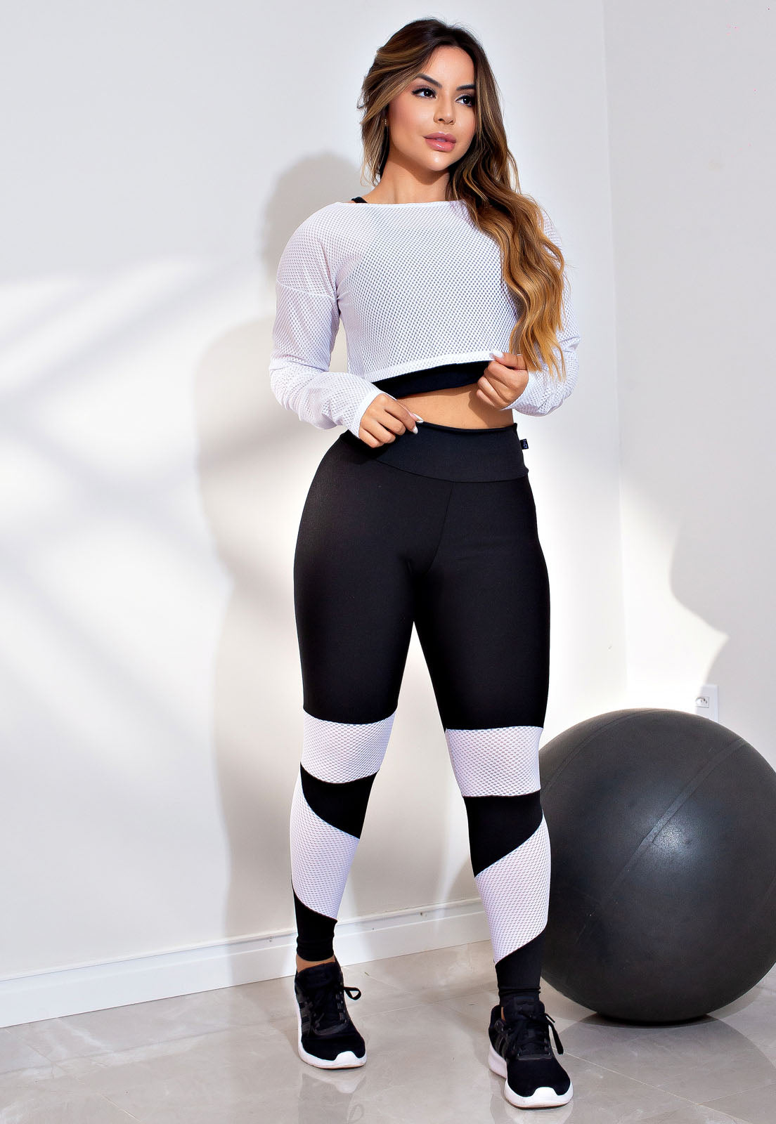 Conjunto Fitness: Cropped Em Tela + Calça Legging Com Detalhe